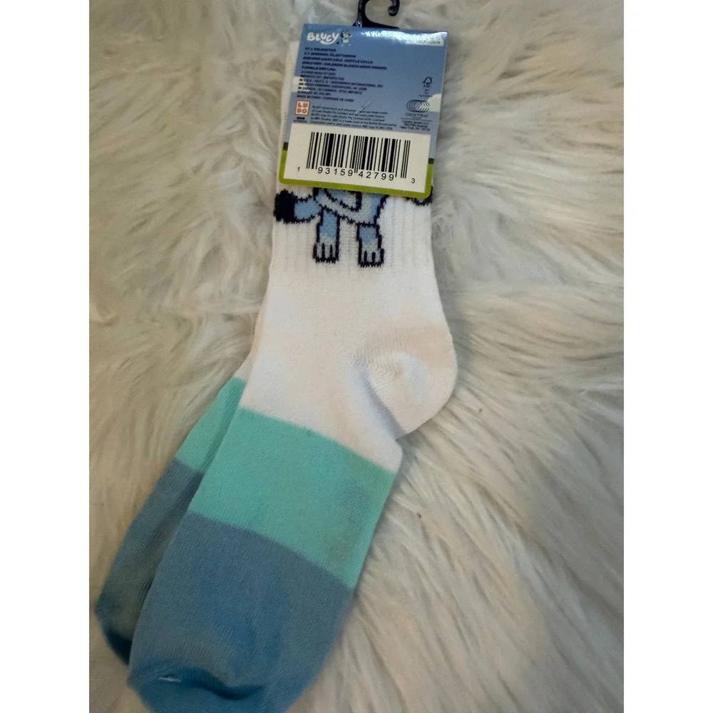 Bluey Kids Crew Socks White Teal Blue Colorblock Shoe Size 10-4 NWT